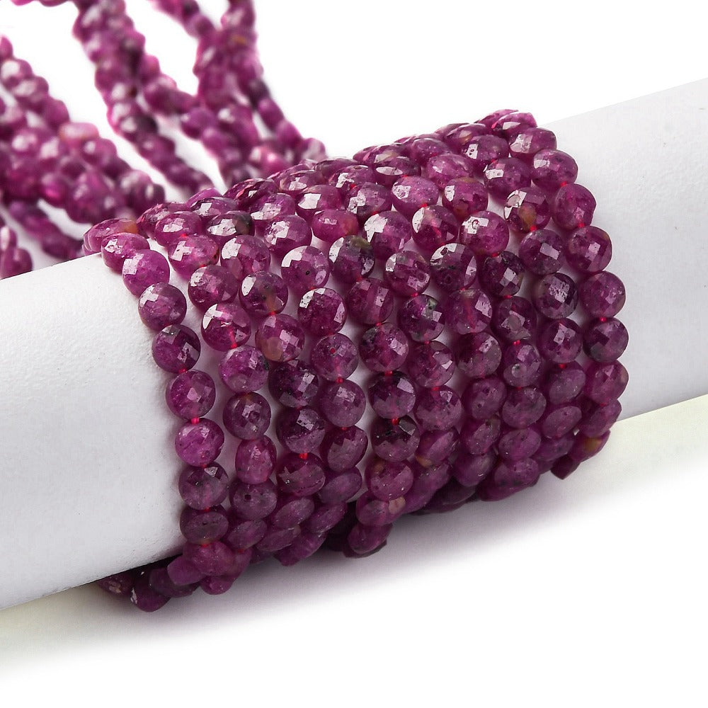 Natural Ruby Beads Strands, Faceted, Flat Round, 4mm