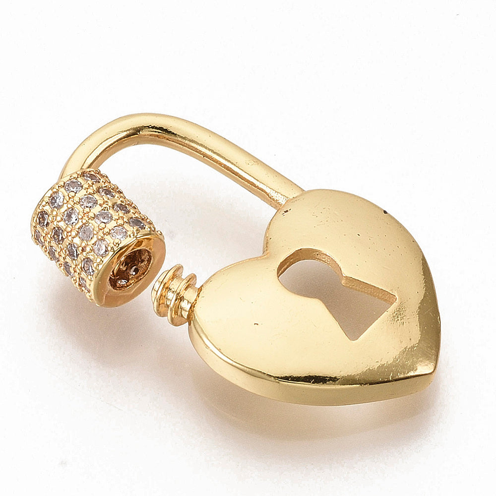 Brass Micro Pave Clear Cubic Zirconia Screw Carabiner Lock Charms, Heart Lock, Real 16K Gold Plated