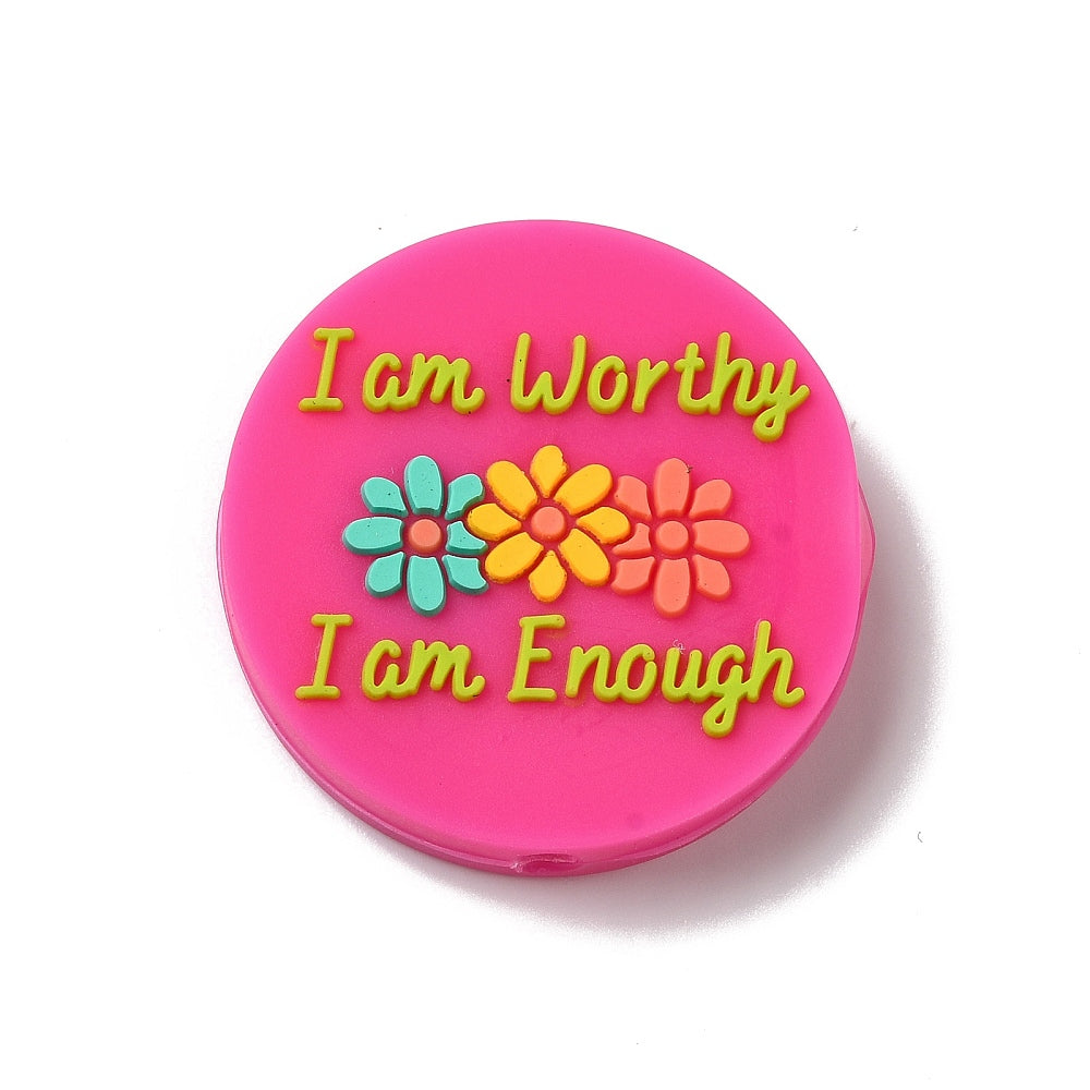 I am Worthy, I am Enough Text with Colorful Flowers Round Silicone Focal Beads, Flower