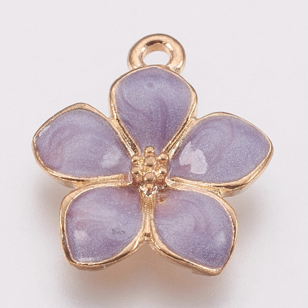 Zinc Alloy Enamel Pendants, Flower, Golden, Blue, Cream, Pink, Purple 2 Pack