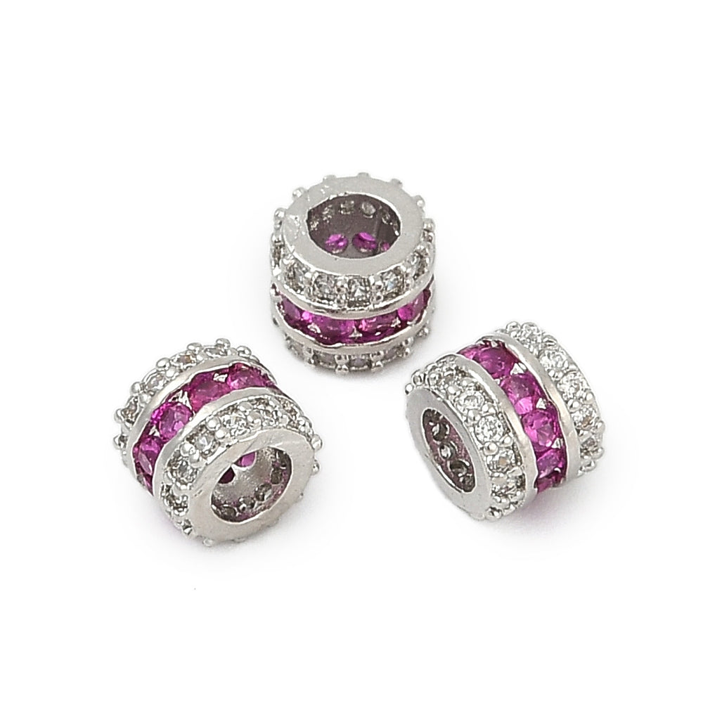 Brass Micro Pave Cubic Zirconia Beads, Long-Lasting Plated, Rack Plating, Column, Platinum