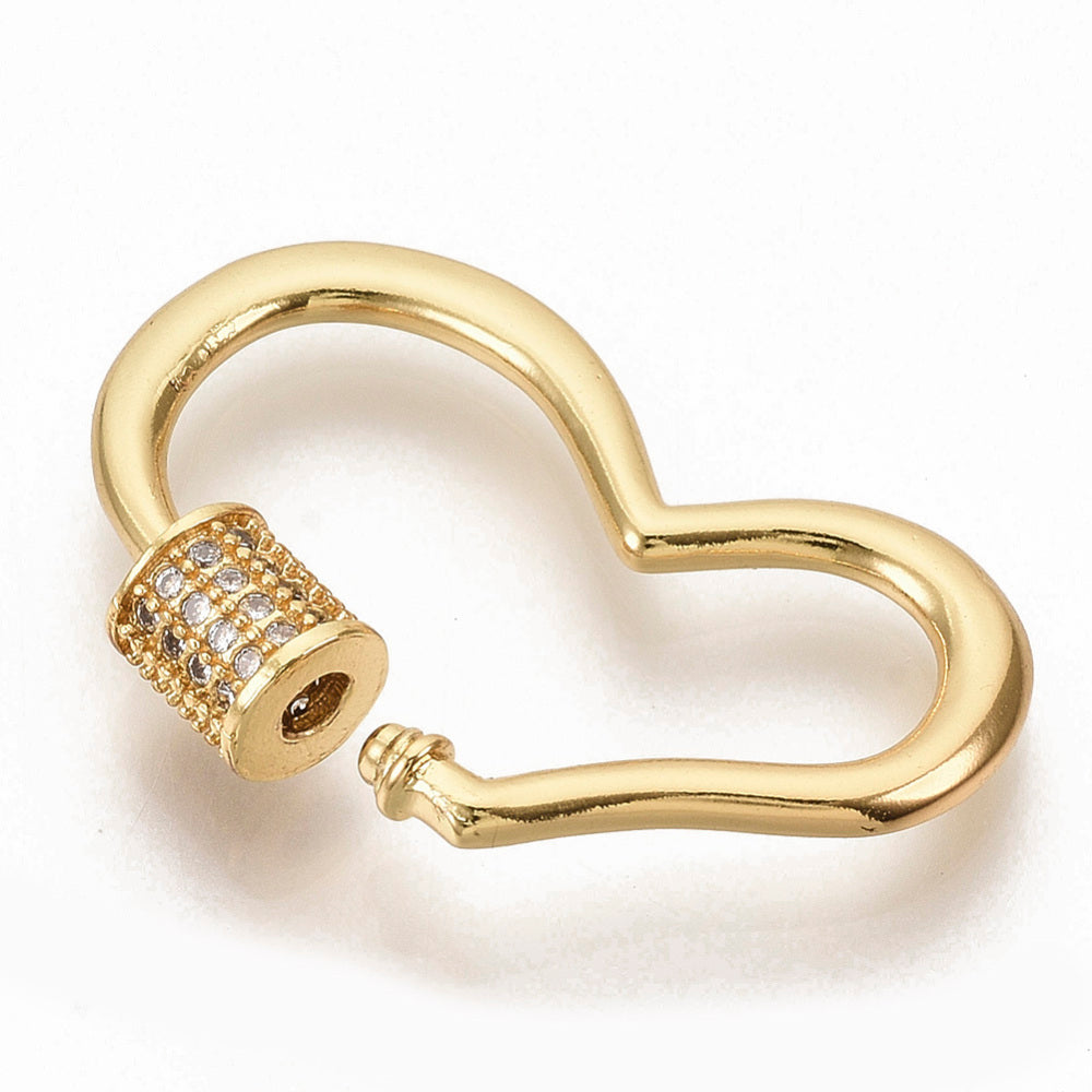 Brass Micro Pave Clear Cubic Zirconia Screw Carabiner Lock Charms, for Heart, Real 16K Gold Plated