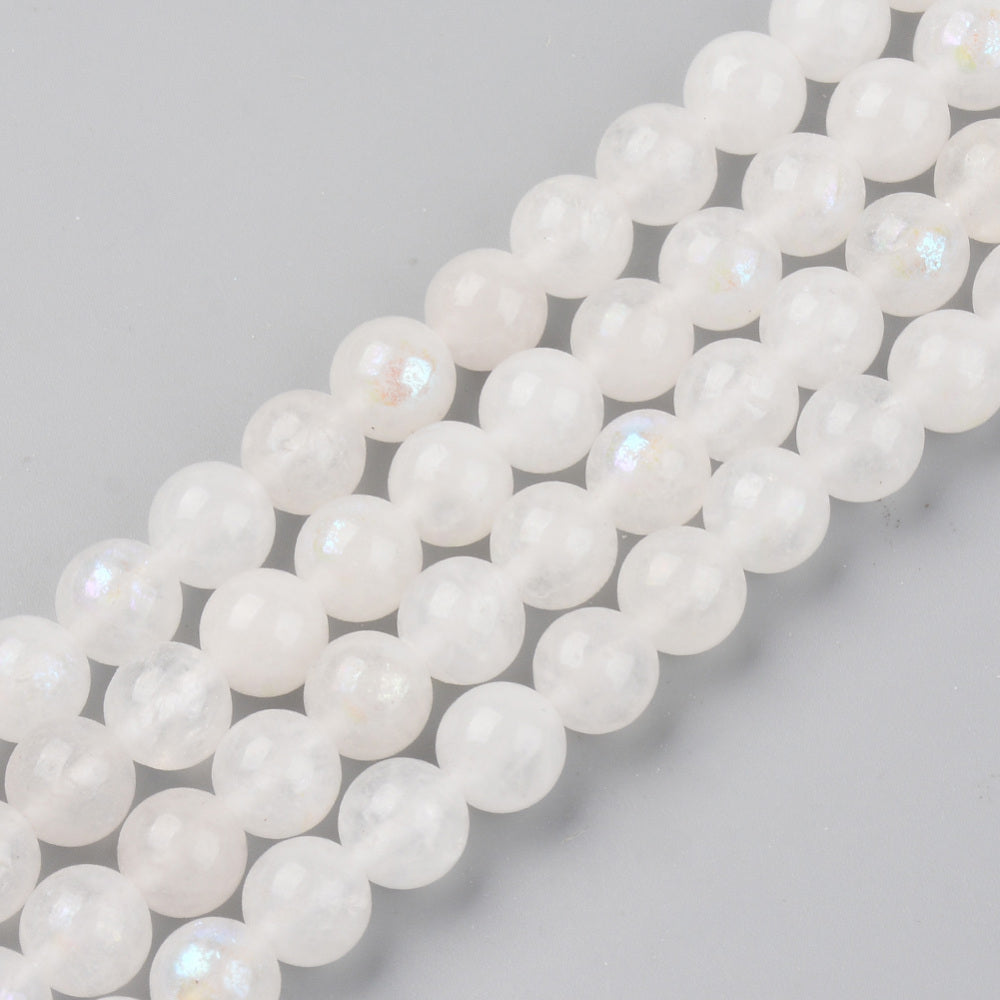 Electroplated Natural White Moonstone Beads Strands, Round 8mm