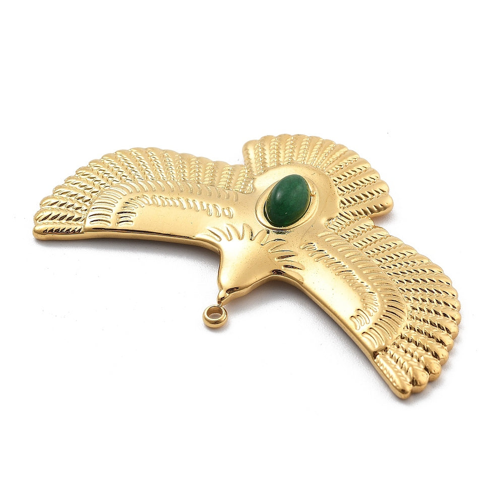 Natural Jade Pendants, PVD Vacuum Plating 304 Stainless Steel Eagle Charms, Real 18K Gold Plated,