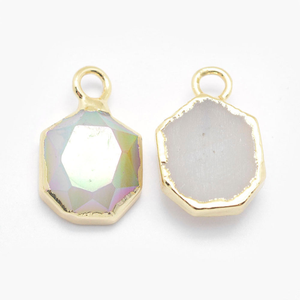 Electroplate Natural Druzy Agate Pendants, with Brass Findings, Faceted, Heptagon, Golden, White
