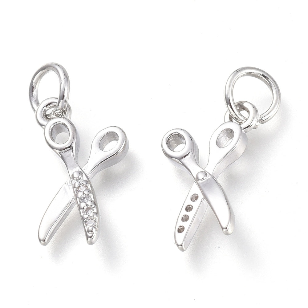 Brass Micro Pave Clear Cubic Zirconia Pendants, with Jump Rings, Scissors, Real Platinum Plated