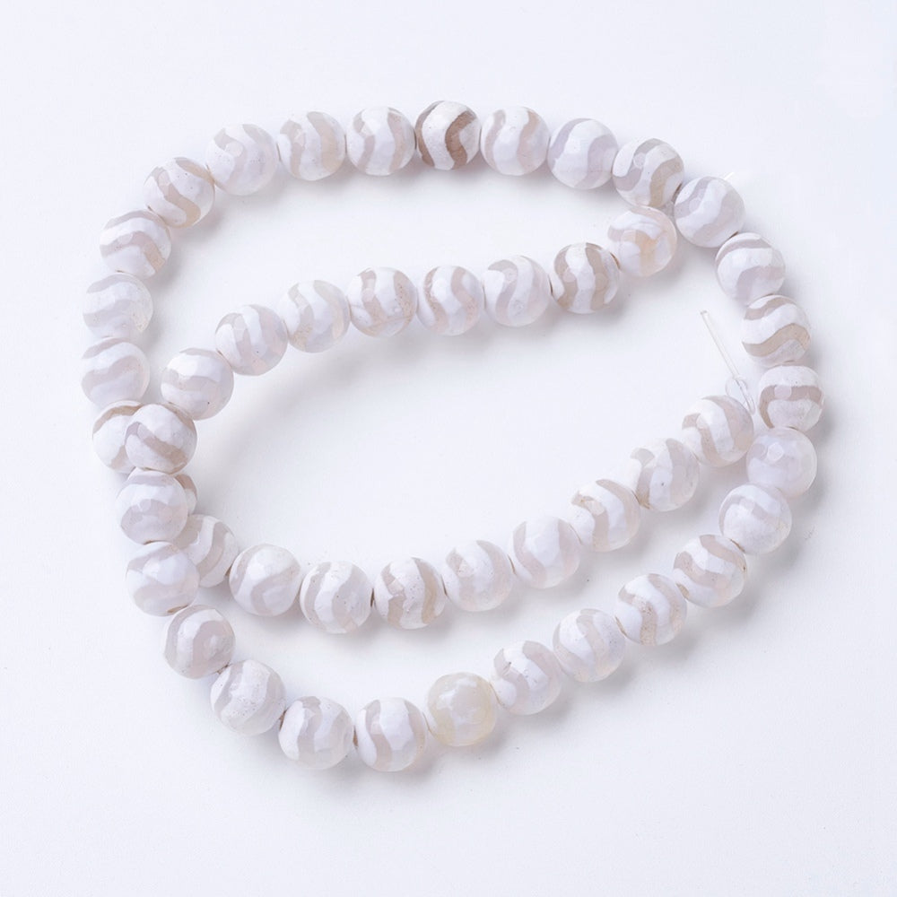Tibetan Style dZi Beads – White Agate, 8mm Faceted The Pink Bead Shop