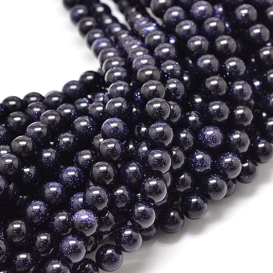 Blue Goldstone Beads Strands – Round, Midnight Blue, 4mm / 6mm / 8mm, Hole: 0.8–1mm, The Pink Bead Shop