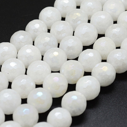 Jade White Electroplated Faceted 8mm Round Bead Strands