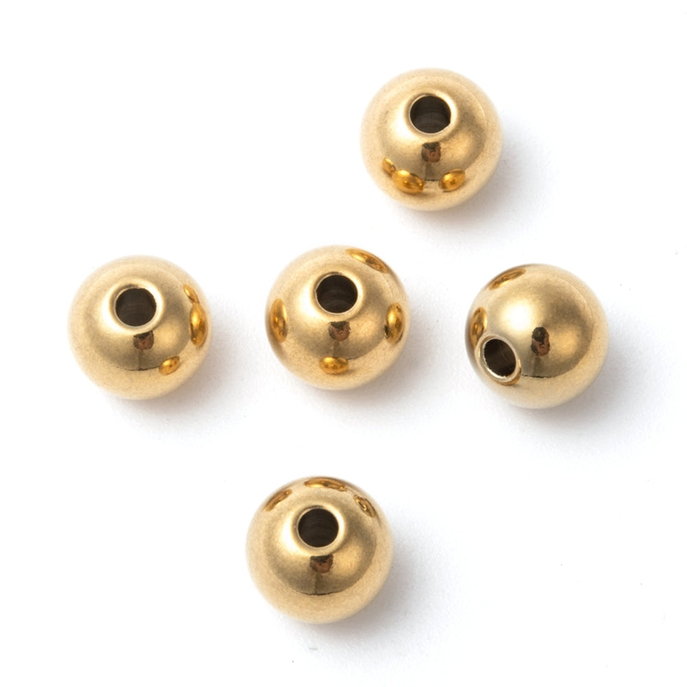 Ion Plating(IP) 304 Stainless Steel Beads, Round, Real 18k Gold Plated 5 Pack