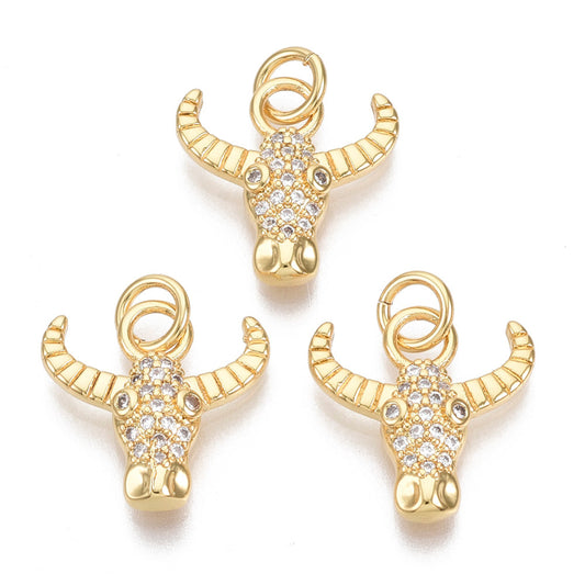 Brass Micro Pave Cubic Zirconia Charms Ox Head, with Jump Rings, Nickel Free, Clear, Real 16K Gold Plated