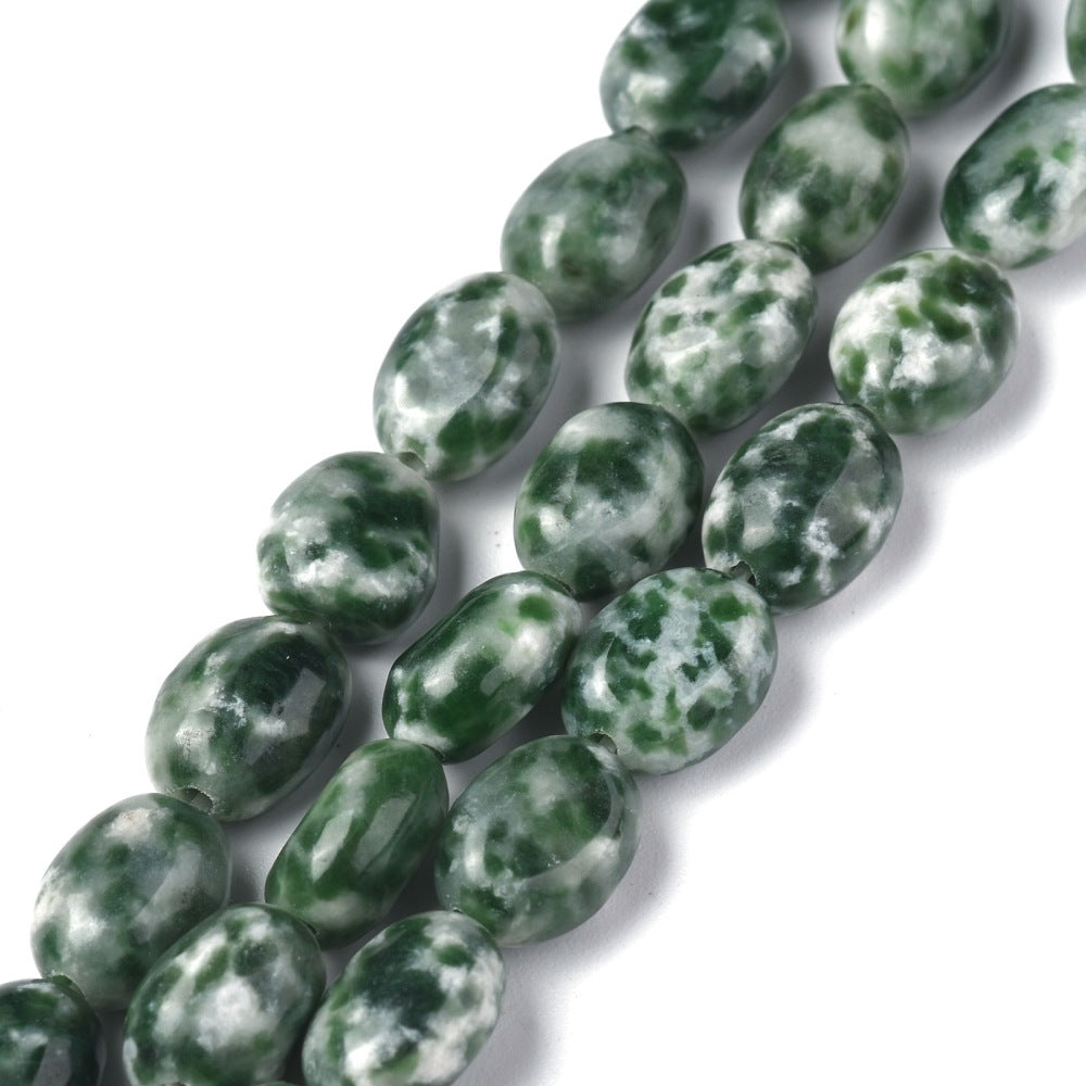 Natural Green Spot Jasper Beads Strands, Oval, Size: about 6mm wide, 8mm long, 3.5~4mm thick