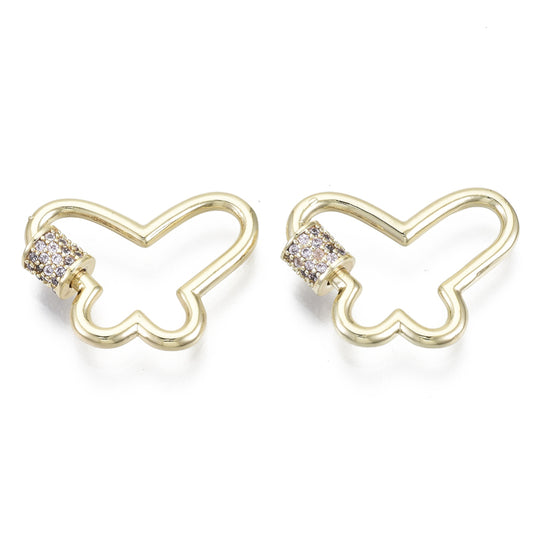 Brass Micro Pave Cubic Zirconia Screw Carabiner Lock Charms, Butterfly, Nickel Free, Real 18K Gold Plated, Lilac