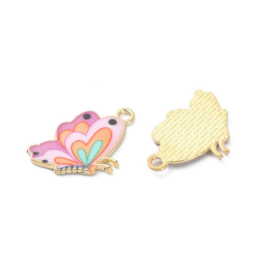 Printed Alloy Pendants, Cadmium Free &amp; Nickel Free &amp; Lead Free, Light Gold, Butterfly, Pearl Pink 2 pk