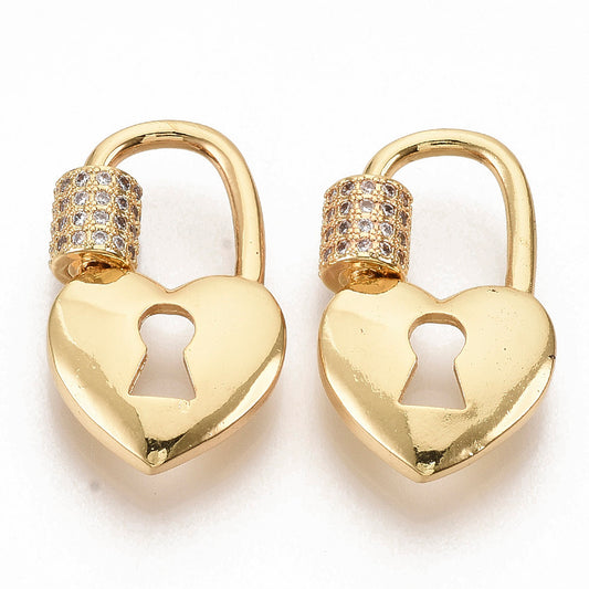 Brass Micro Pave Clear Cubic Zirconia Screw Carabiner Lock Charms, Heart Lock, Real 16K Gold Plated