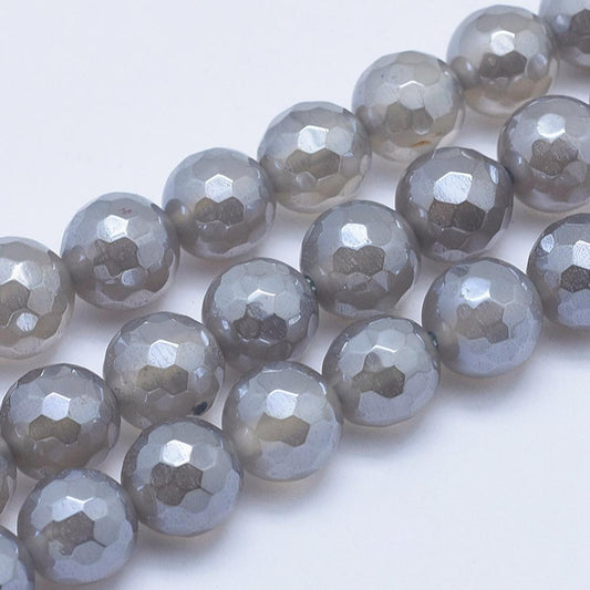 Electroplated Natural Grey Agate Beads Strands, Faceted, Round 8mm