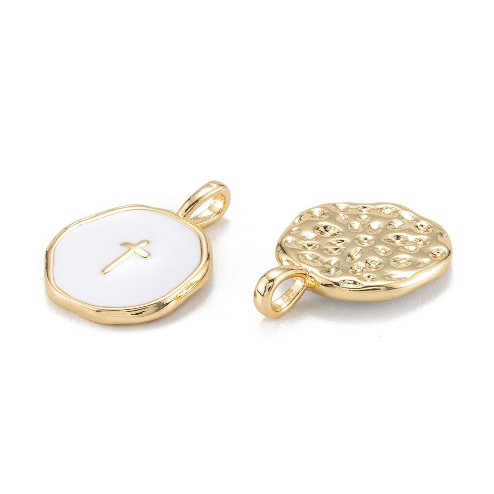 Brass Enamel Pendants, Long-Lasting Plated, Flat Round with Cross, White, Real 18K Gold Plated