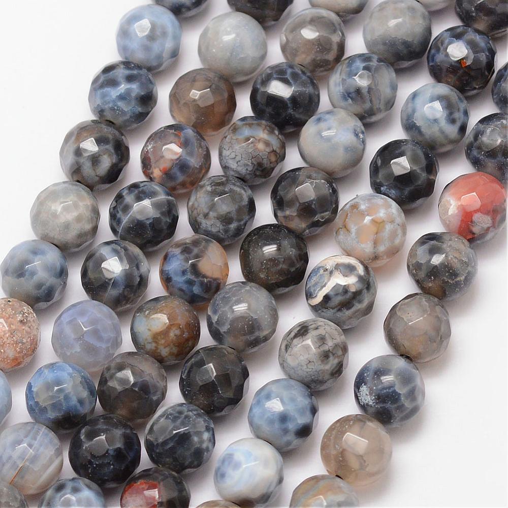 Dyed Natural Fire Crackle Agate Faceted Round Beads Strands, Black 8mm