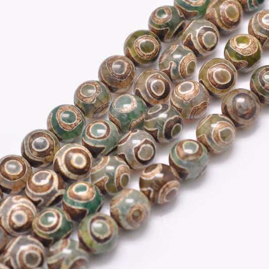 Natural Tibetan 3-Eye dZi Agate Beads Strands, Round, 8mm