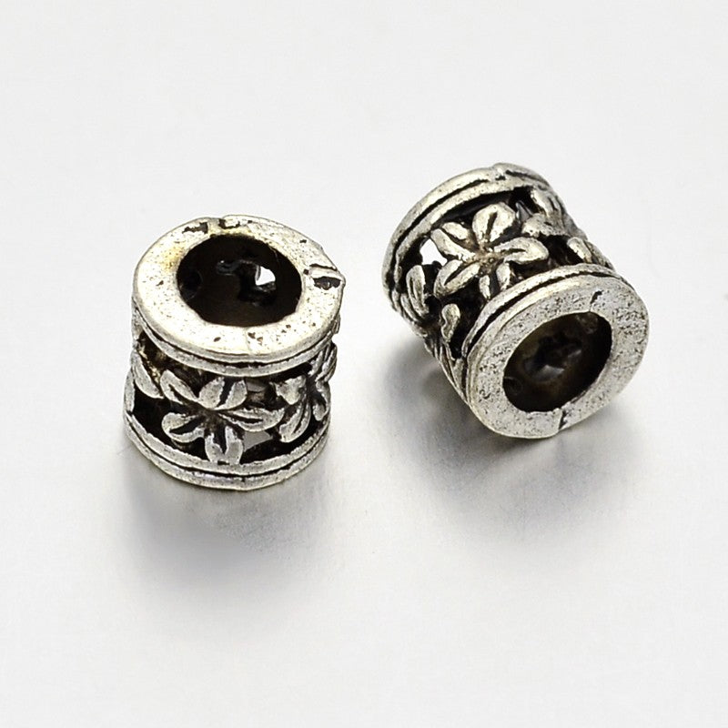 Tibetan Style Alloy Hollow Column with Flower Large Hole European Beads 10PK