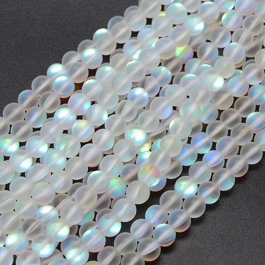 Holographic Beads, Half AB Color Plated, Frosted, Round, White 8mm