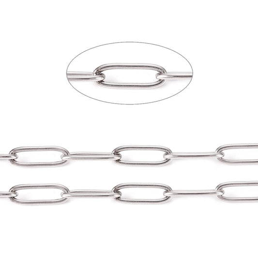 Tarnish Resistant 304 Stainless Steel Paperclip Chains, Drawn Elongated Cable Chains, Soldered, with Spool, Stainless Steel Color 10M ROLL