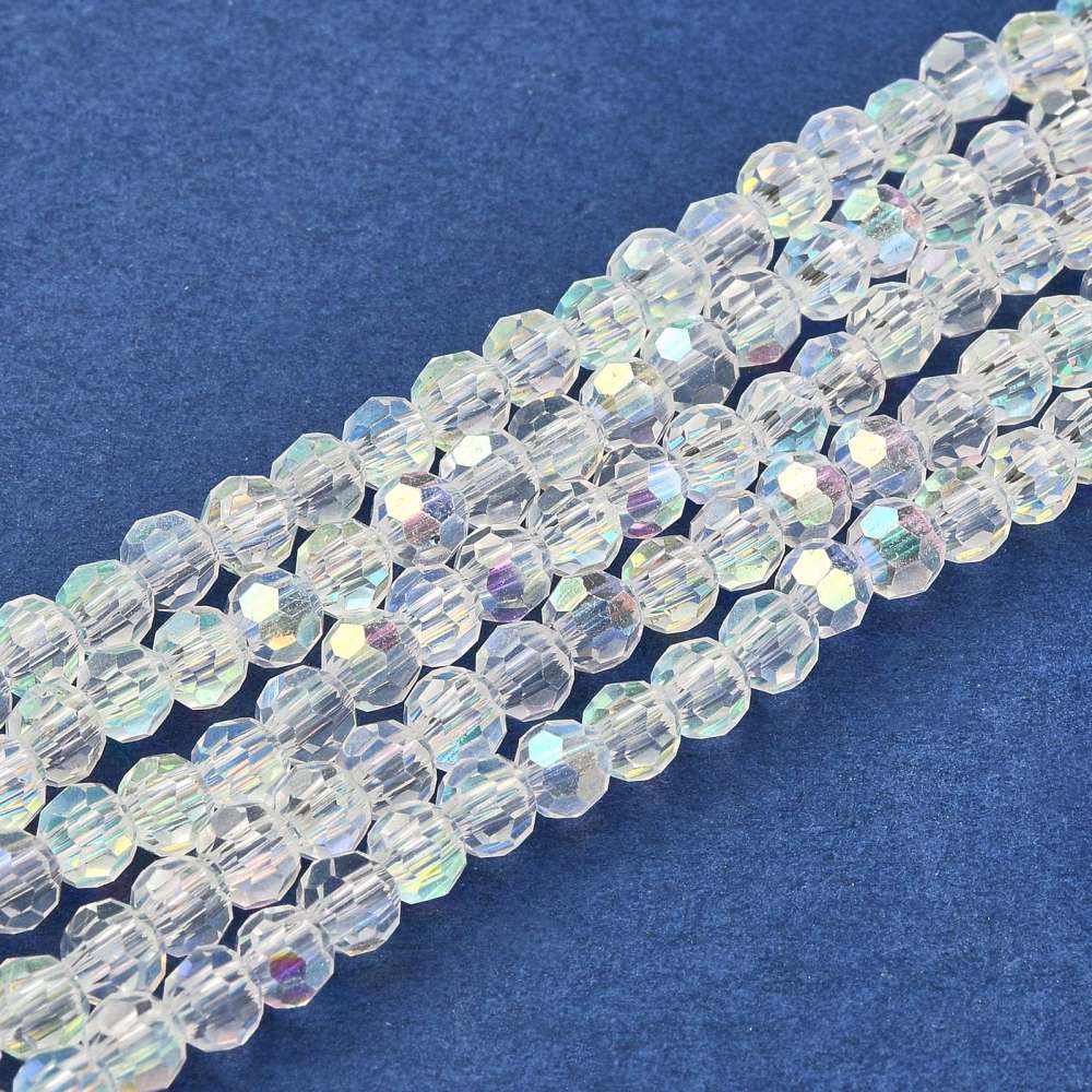 Glass Beads Strands, Faceted(32 Facets) Round, AB Color Plated, White Size: about 4mm