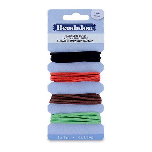 Cord Variety Pack, Faux Suede, 2 mm / .08 in, Black, Red, Brown, Green, 1 m / 1.1 yd