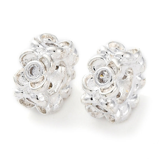 Brass Micro Pave Clear Cubic Zirconia Spacer Beads, Long-Lasting Plated, Flower, Silver 2pk