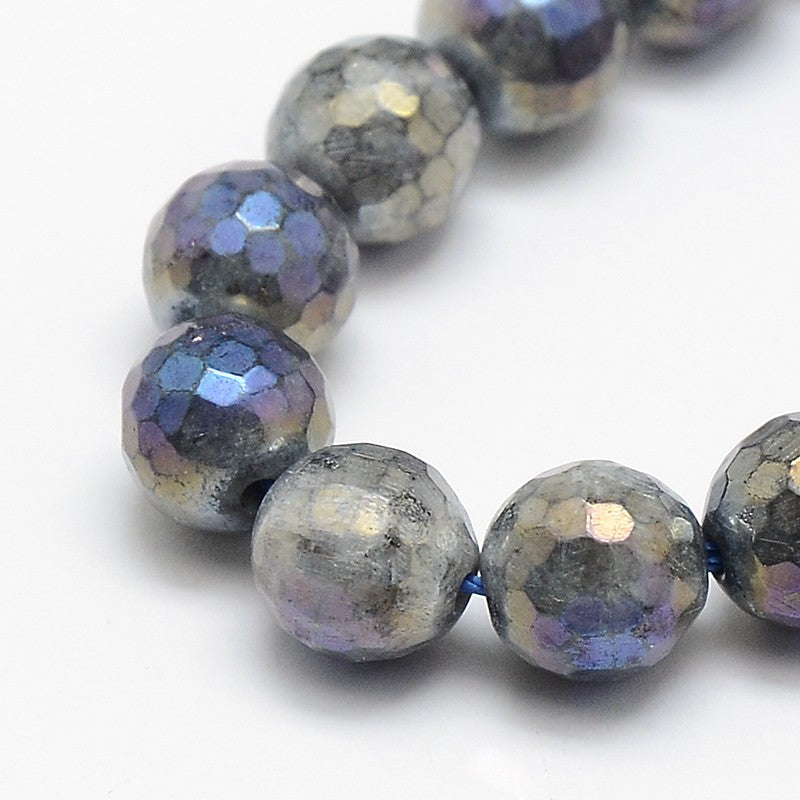 Electroplate Natural Labradorite Beads Strands, Round, Faceted Size: about 4mm