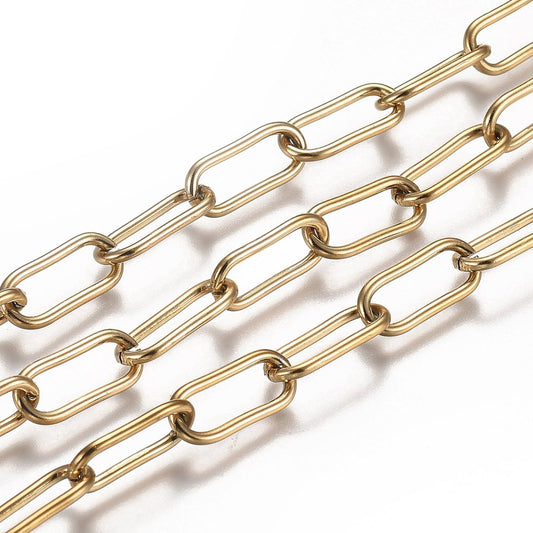 Ion Plating(IP) 304 Stainless Steel Paperclip Chains, Drawn Elongated Cable Chains, with Spool, Unwelded, Golden Sold by the Meter