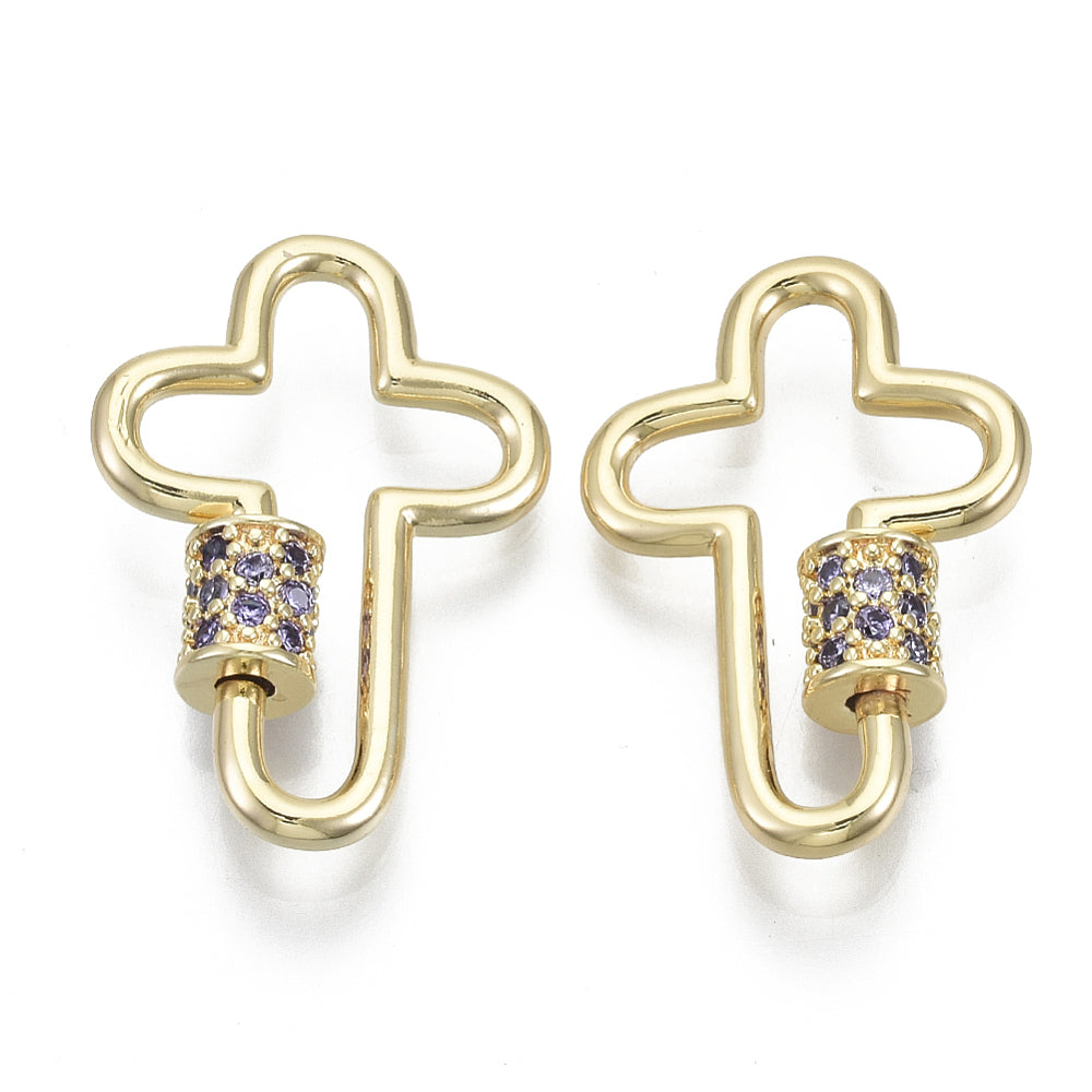 Brass Micro Pave Cubic Zirconia Screw Carabiner Lock Charms, Cross, Nickel Free, Real 18K Gold Plated, Medium Purple