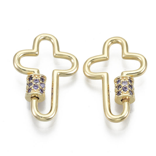 Brass Micro Pave Cubic Zirconia Screw Carabiner Lock Charms, Cross, Nickel Free, Real 18K Gold Plated, Medium Purple