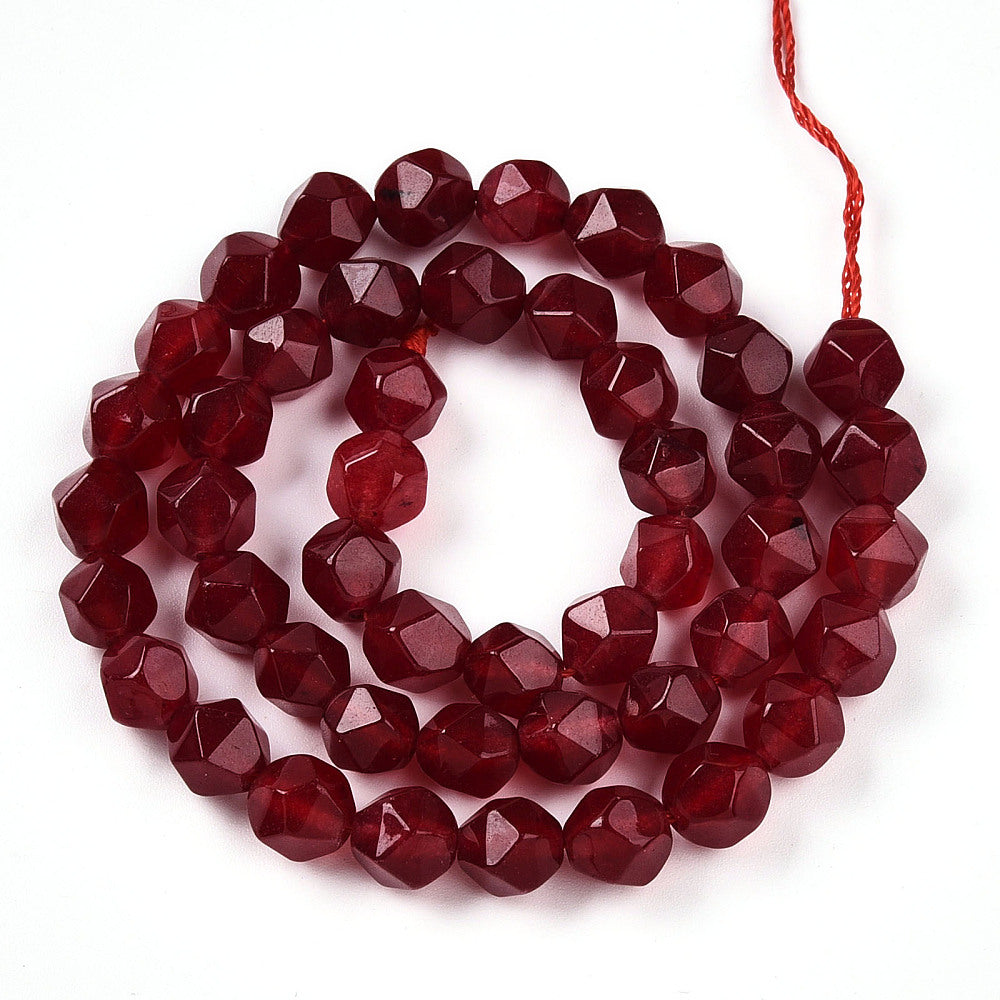 Dyed Natural White Jade Beads Strands, Faceted, Star Cut Round Beads, Dark Red