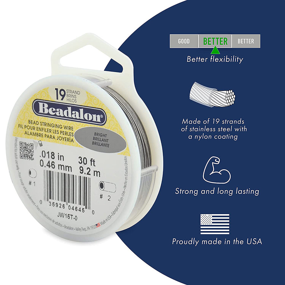 Beadalon 19 Strand Stainless Steel Bead Stringing Wire .012in (0.30mm) Bright 30ft (9.2m) | The Pink Bead Shop Canada