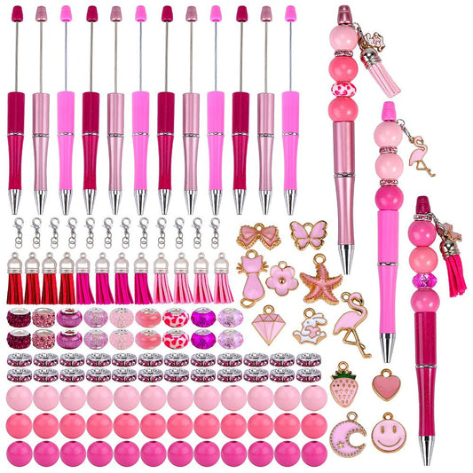 DIY Beadable Pen Making Kit, Including Heart, Bowknot, Flamingo Alloy Enamel, Tassel Charms, ABS Plastic Ball-Point Pen, Natural Wood, Resin, Rhinestone European Beads, Pink