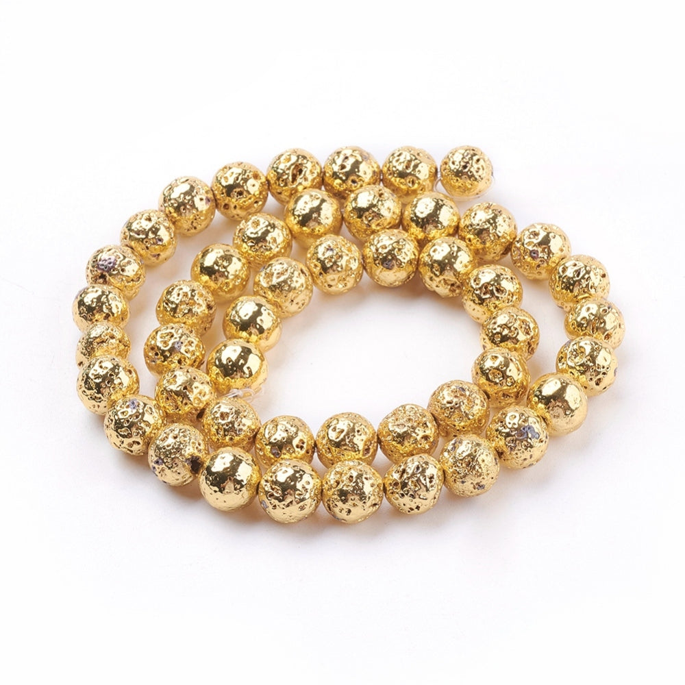 Electroplated Natural Lava Rock Bead Strands, Round, Bumpy, Golden, Silver, Rose Gold Plated