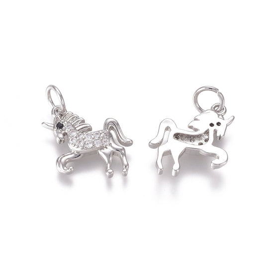 Brass Micro Pave Clear Cubic Zirconia Unicorn Charm, with Jump Rings, Unicorn, Platinum