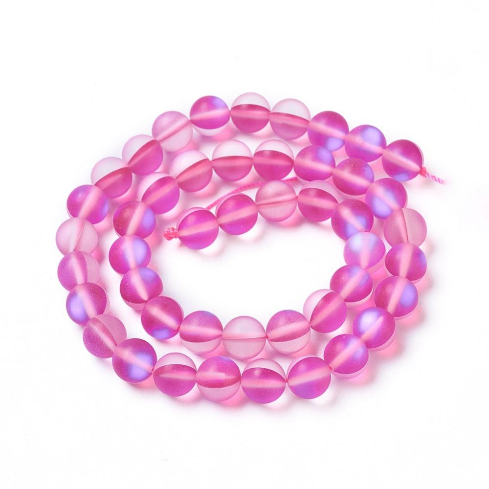 Mermaid Glass Holographic Beads, Half AB Color Plated, Frosted, Round, Magenta 8mm