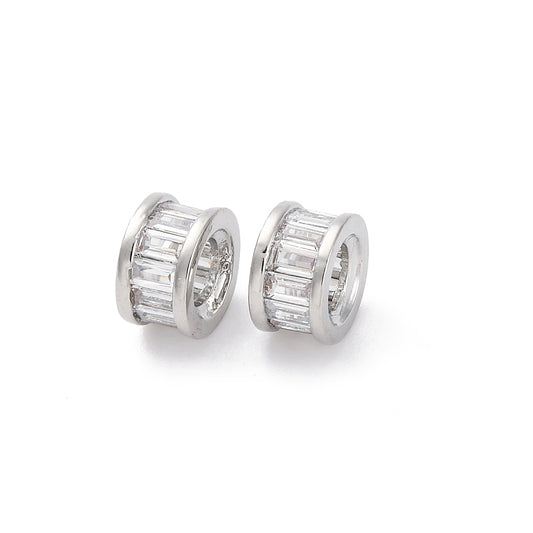 Brass Micro Pave Cubic Zirconia Spacer Beads, Flat Round, Platinum