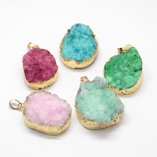 Electroplated Natural; Dyed Druzy Agate Pendants, with Golden Plated Brass Findings, Mixed Color