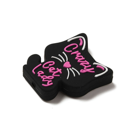 Silicone Beads, Crazy Cat Lady Focal Beads Black