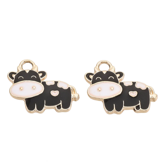 Alloy Enamel Pendants, Light Gold, Cow, Black 2PK