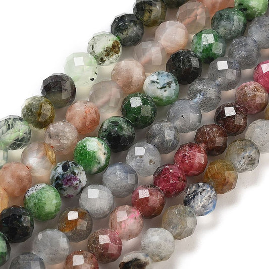 Natural Prehnite/Sunstone/Ruby Zoisite/Labradorite/Rhodonite Beads Strands, Faceted, Round, 6mm