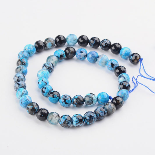 Faceted Round Dyed Natural Fire Crackle Agate Beads Strands, Deep Sky Blue Size: about 8mm i