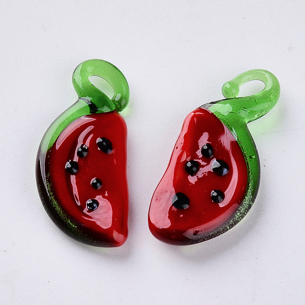 Handmade Lampwork Pendants, Watermelon, Dark Red 2pk