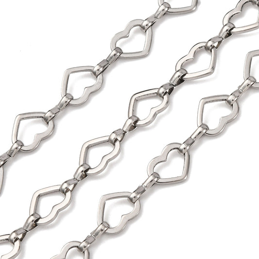 304 Stainless Steel Heart Link Chains, Unwelded, Stainless Steel Color Sold by the Meter