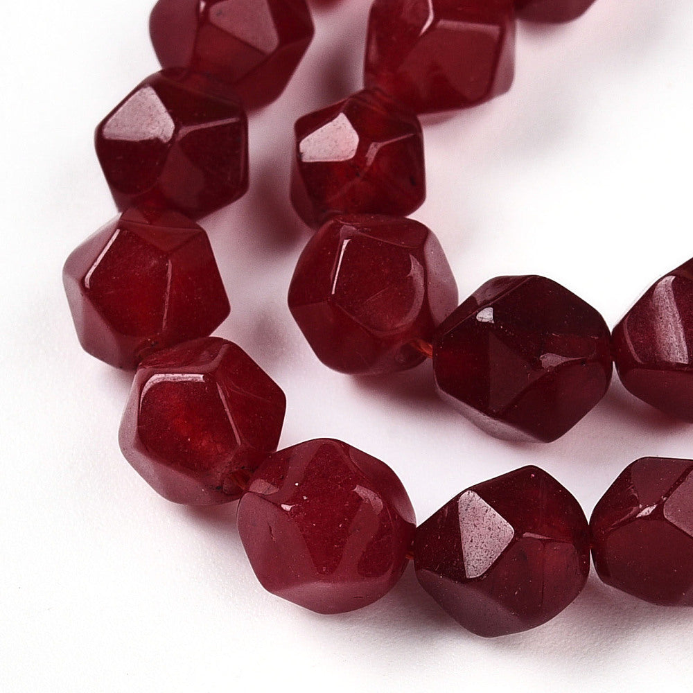 Dyed Natural White Jade Beads Strands, Faceted, Star Cut Round Beads, Dark Red