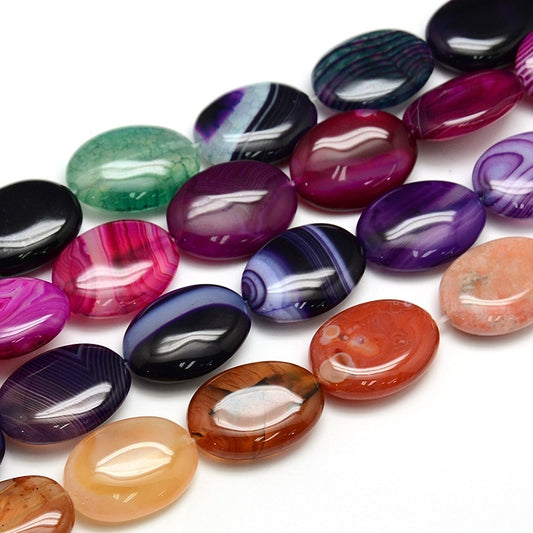 Natural Striped Agate/Banded Agate Oval Bead Strands, Dyed, Mixed Color