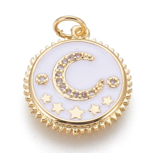Brass Micro Pave Cubic Zirconia Pendants, with Enamel, Flat Round with Moon and Star, Golden